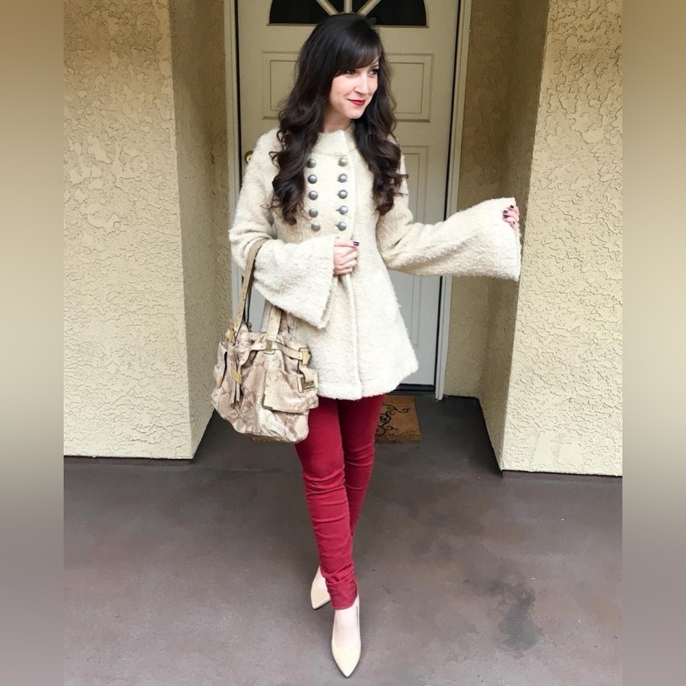 Free People Military Bell Sleeve Wool Blend Teddy Fuzzy Coat Size XS In Oatmeal - Picture 2 of 13